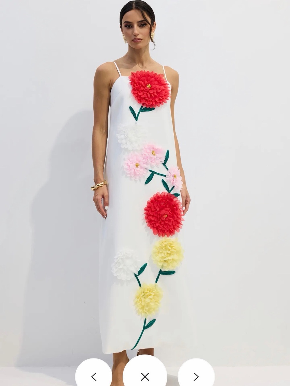 White Floral Appliqué Dress with Red, Pink & Yellow Flowers Size Large